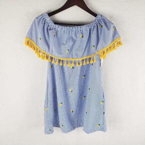 Fiveloaves Twofish Dress Girls M Pineapple Catalina Tasseled Blue White Yellow - Picture 1 of 8